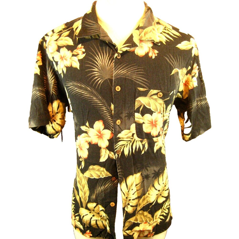 Mens Boca Classics Black Floral Aloha Island Hawaiian SS Silk Shirt sz M